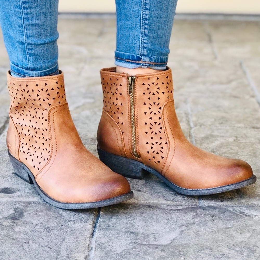 Rustic Distressed Cognac Perforated Ankle Boots - Picture 2 of 7